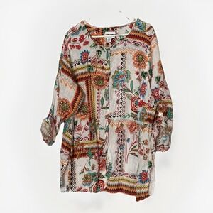 Women's H Halston Plus Size 3X 100% Linen Top Colorful Floral Roll‎ Tab Sleeve